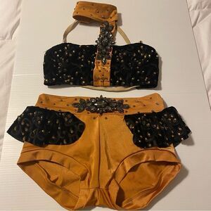 Custom solo jewel rhinestoned bling dance costume 2 piece leotard Orange LC